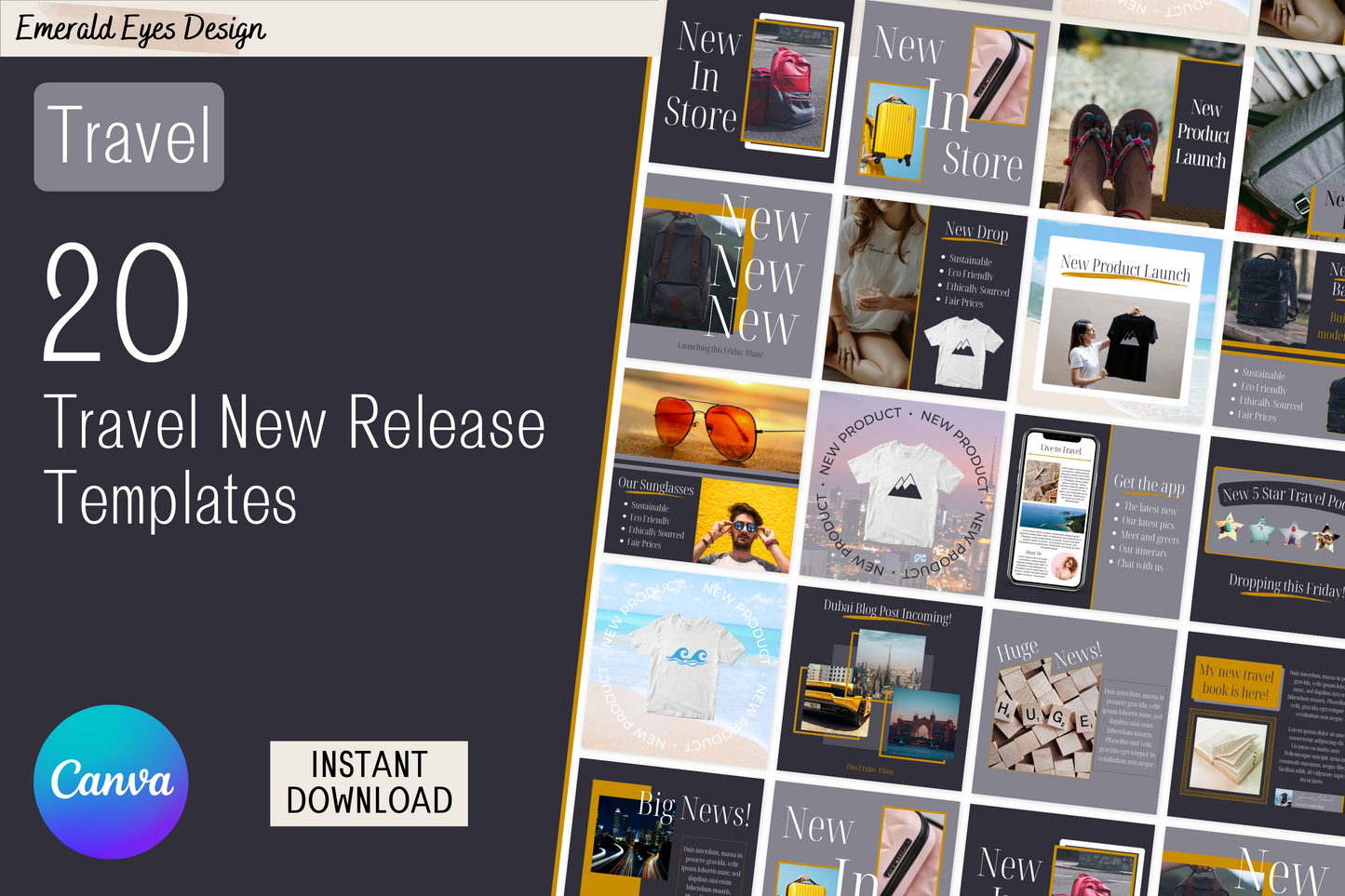 20 Canva Travel New Product Grey and Gold Themed Instagram Feed Templates