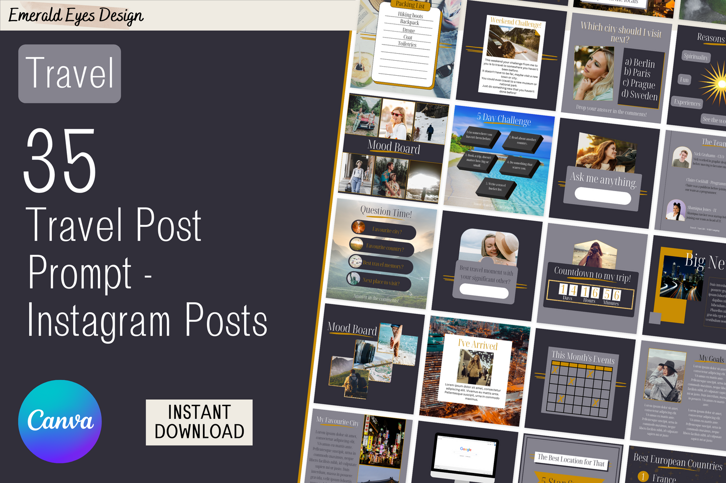 35 Canva Travel Post Prompt Grey and Gold Themed Instagram Feed Templates