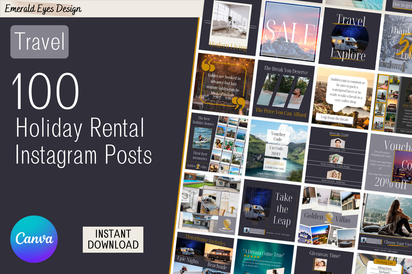 100 Canva Travel Rental/Airbnb Grey and Gold Themed Instagram Feed Templates