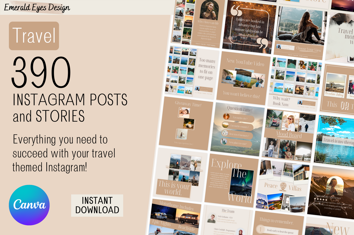 390 Canva Neutral Travel Themed Instagram Feed & Stories Templates