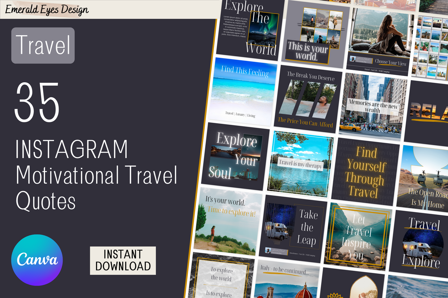 35 Canva Motivational Travel Quotes Grey and Gold Themed Instagram Feed Templates