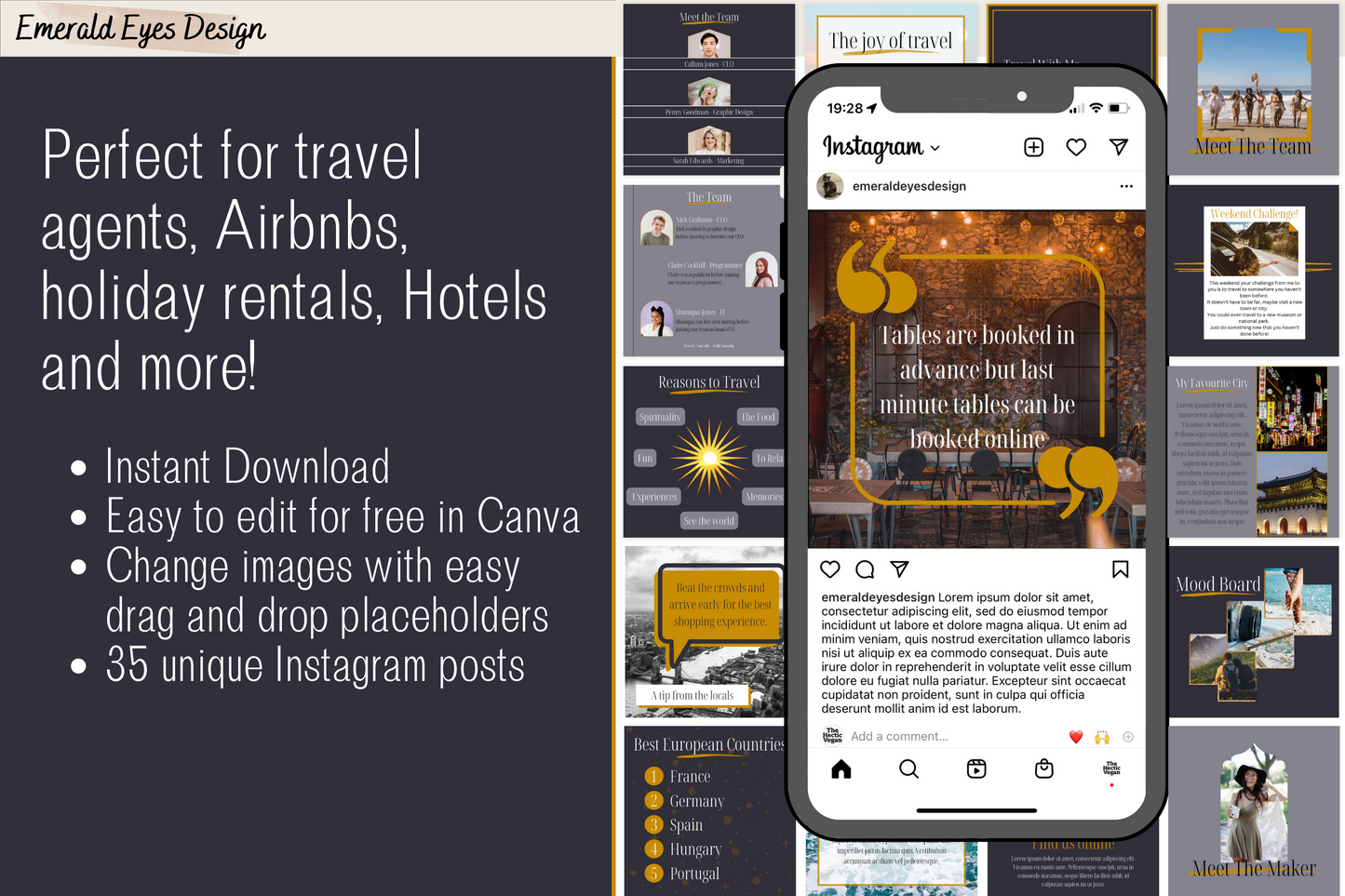 35 Canva Travel Post Prompt Grey and Gold Themed Instagram Feed Templates