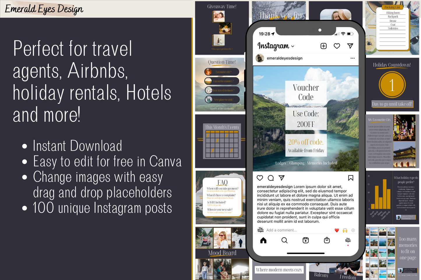 100 Canva Travel Rental/Airbnb Grey and Gold Themed Instagram Feed Templates