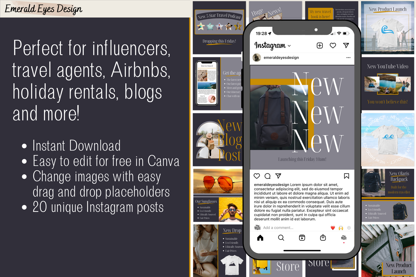 20 Canva Travel New Product Grey and Gold Themed Instagram Feed Templates