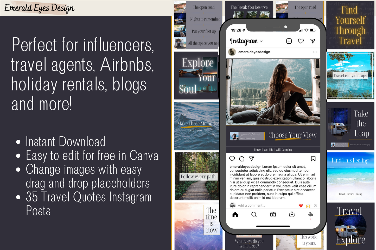 35 Canva Motivational Travel Quotes Grey and Gold Themed Instagram Feed Templates