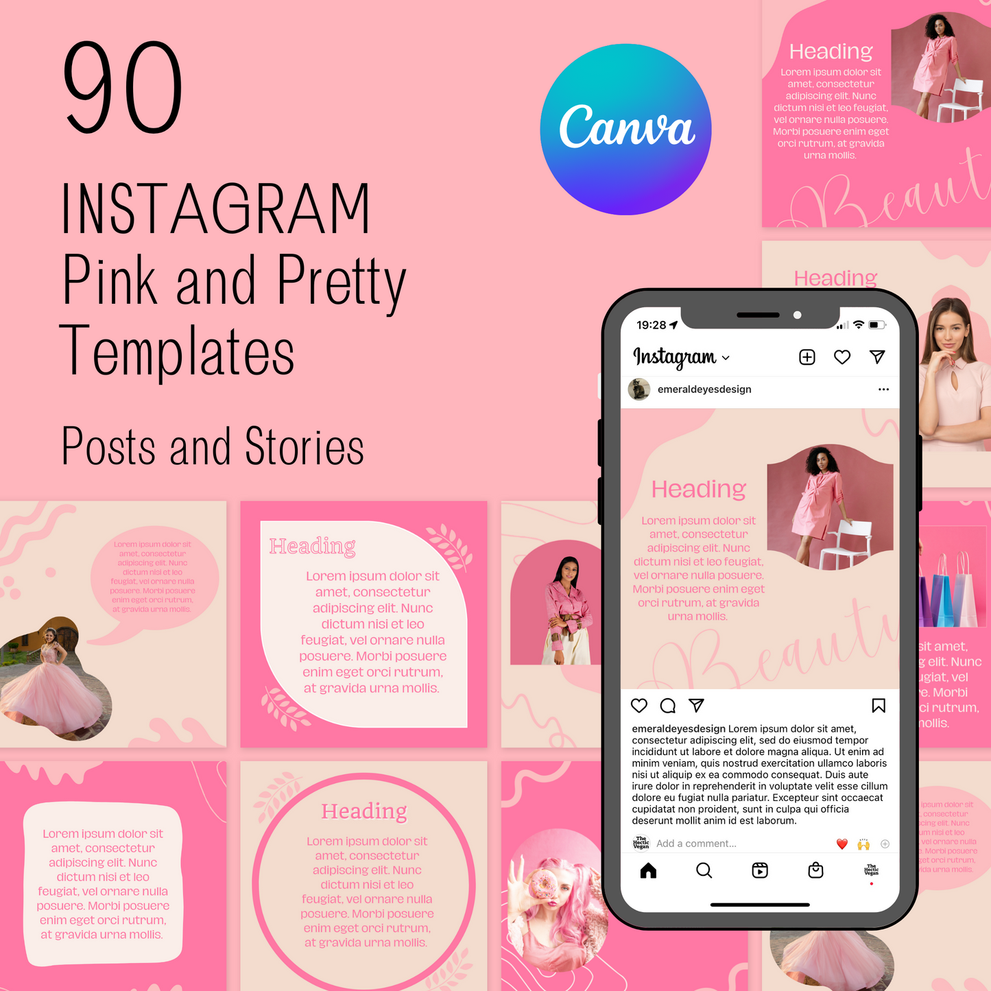 90 Canva Pink and Pretty Themed Instagram Feed & Stories| Beauty Instagram | Hair