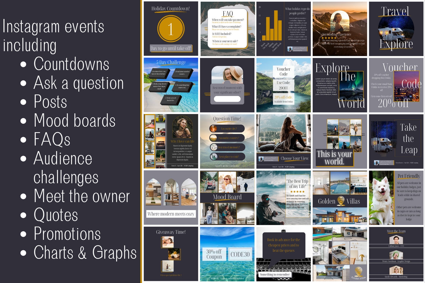 100 Canva Travel Rental/Airbnb Grey and Gold Themed Instagram Feed Templates