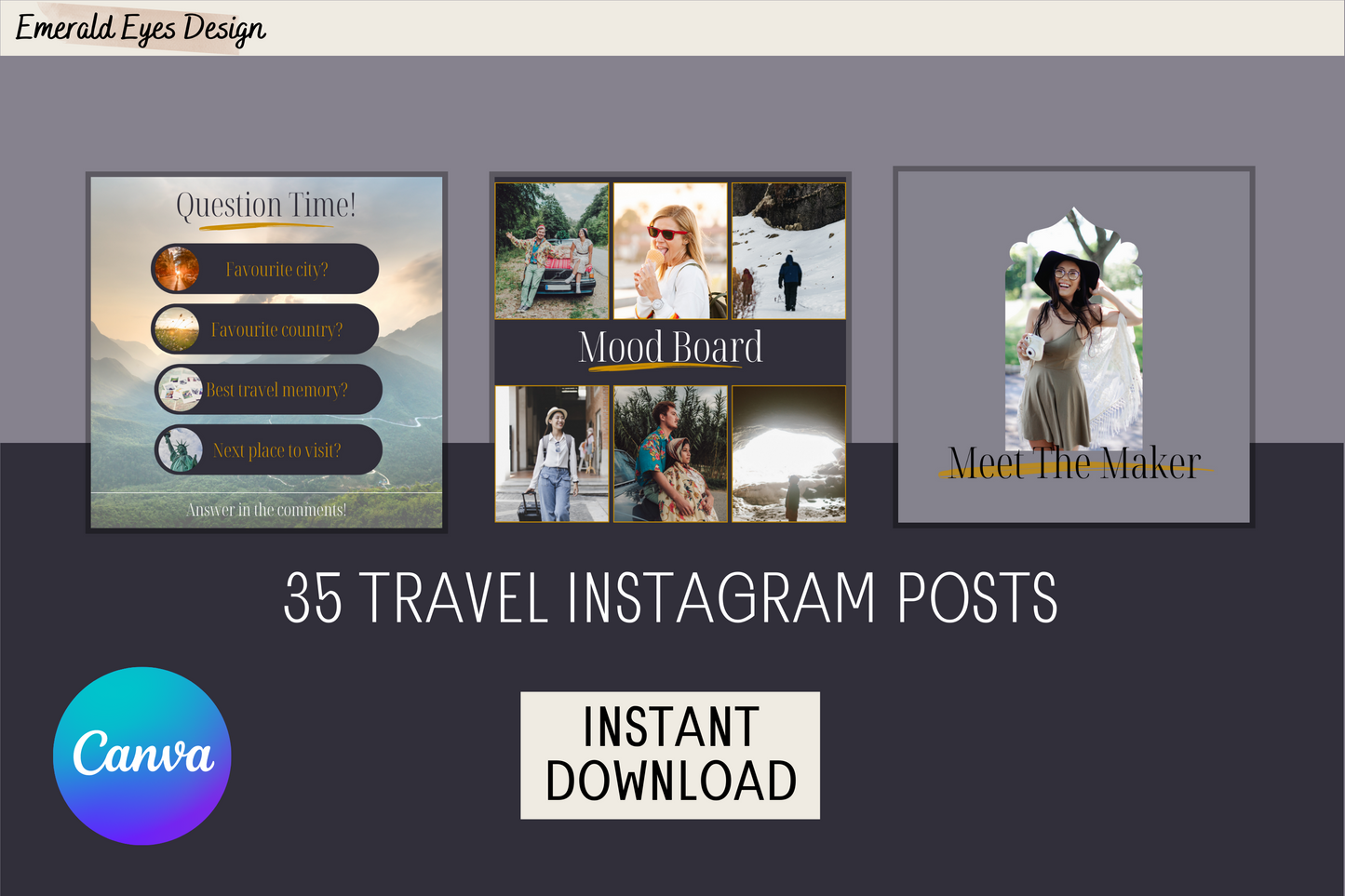 35 Canva Travel Post Prompt Grey and Gold Themed Instagram Feed Templates