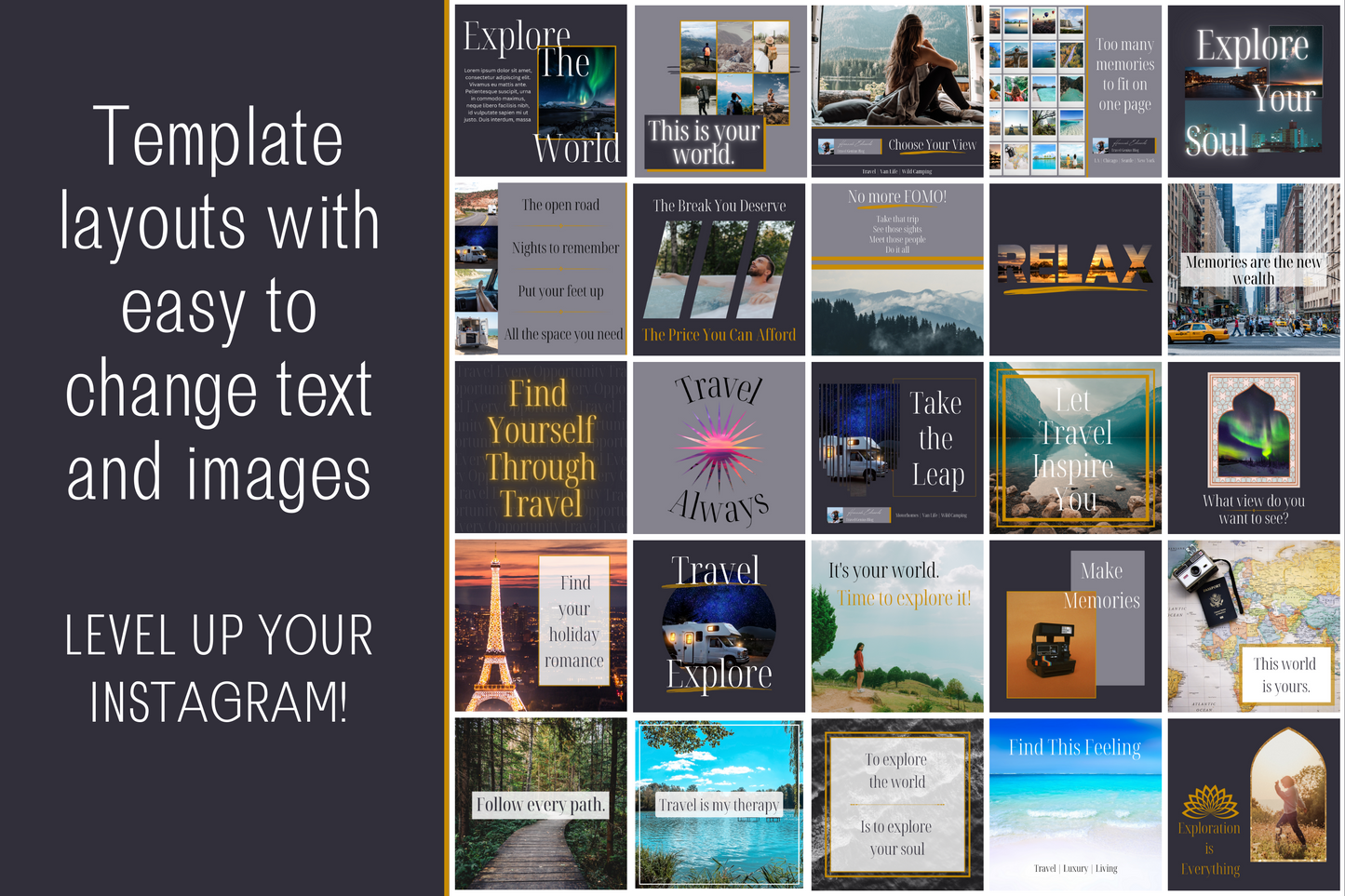 35 Canva Motivational Travel Quotes Grey and Gold Themed Instagram Feed Templates
