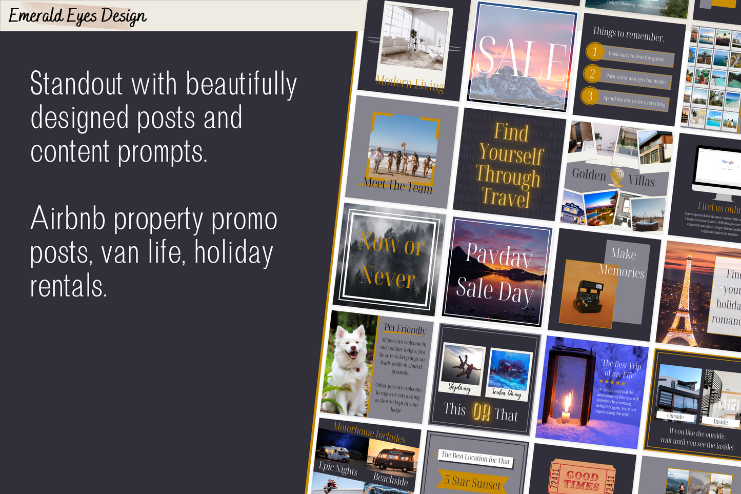 100 Canva Travel Rental/Airbnb Grey and Gold Themed Instagram Feed Templates