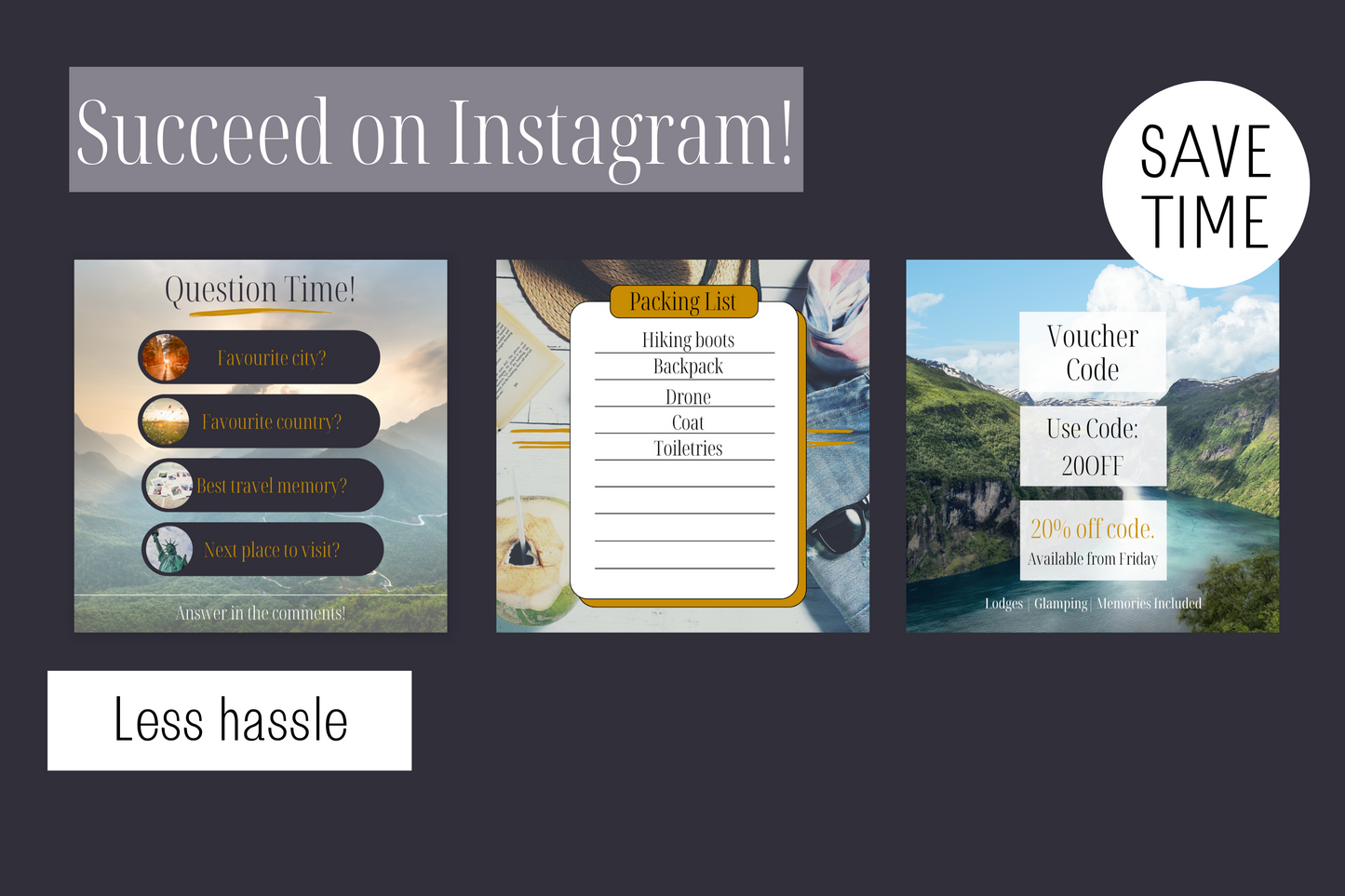 100 Canva Travel Rental/Airbnb Grey and Gold Themed Instagram Feed Templates