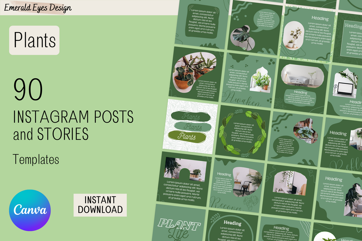 210 BUNDLE Canva Green Plant Themed Instagram Feed & Stories Templates and Content