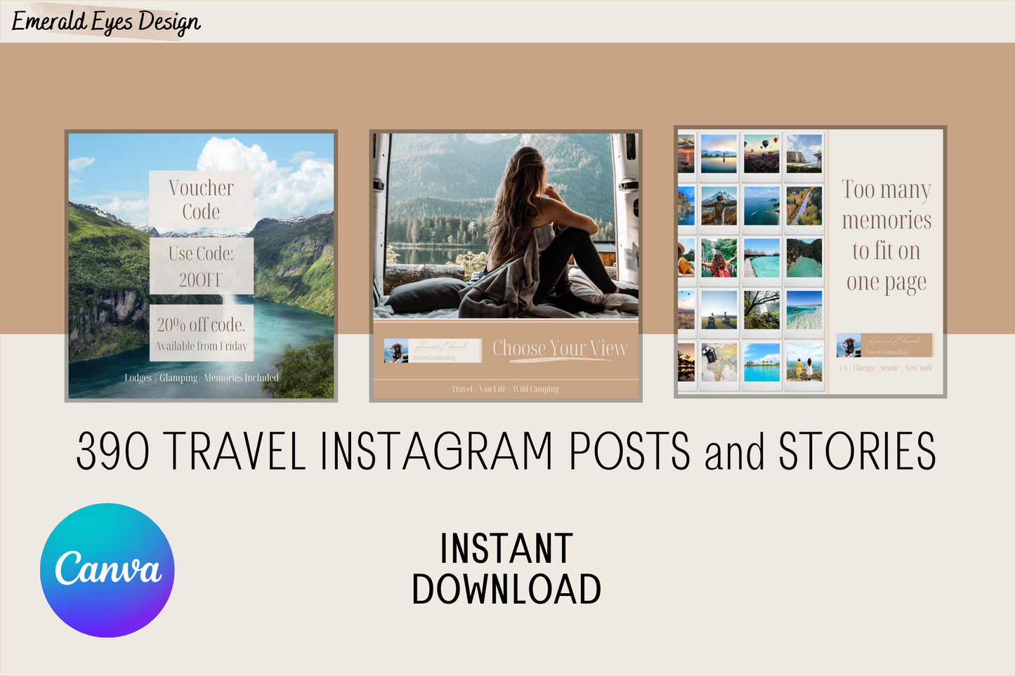 390 Canva Neutral Travel Themed Instagram Feed & Stories Templates