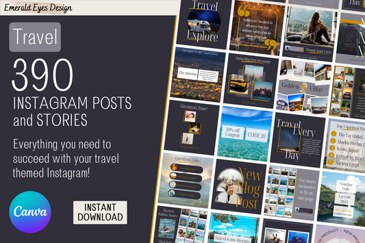 390 Canva Grey and Gold Travel Themed Instagram Feed & Stories Templates