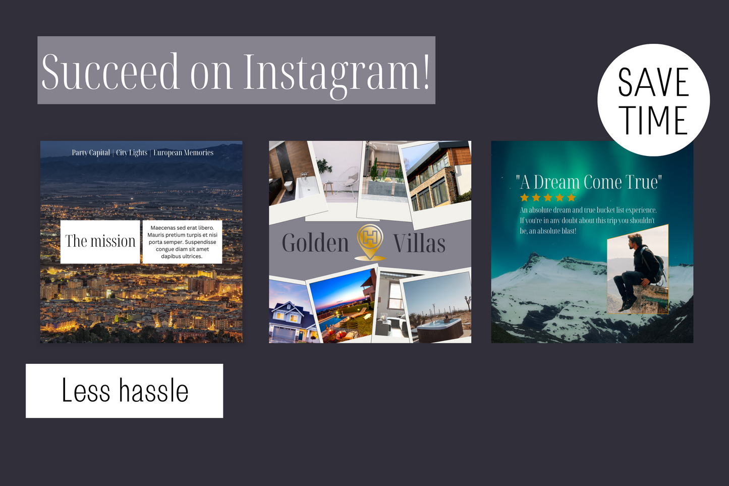 390 Canva Grey and Gold Travel Themed Instagram Feed & Stories Templates