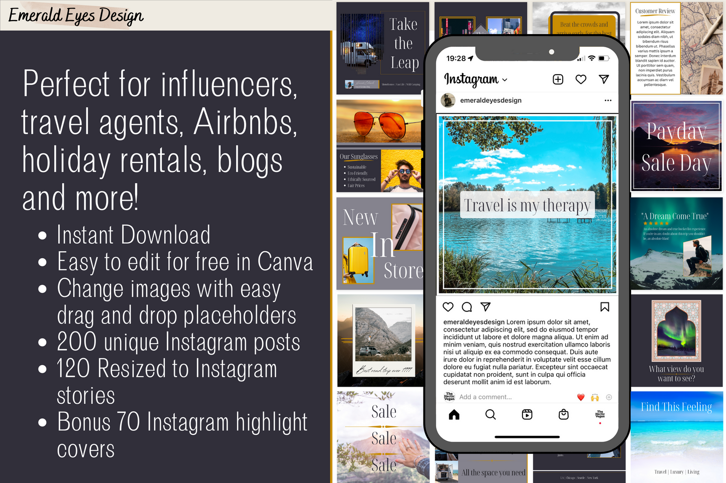 390 Canva Grey and Gold Travel Themed Instagram Feed & Stories Templates