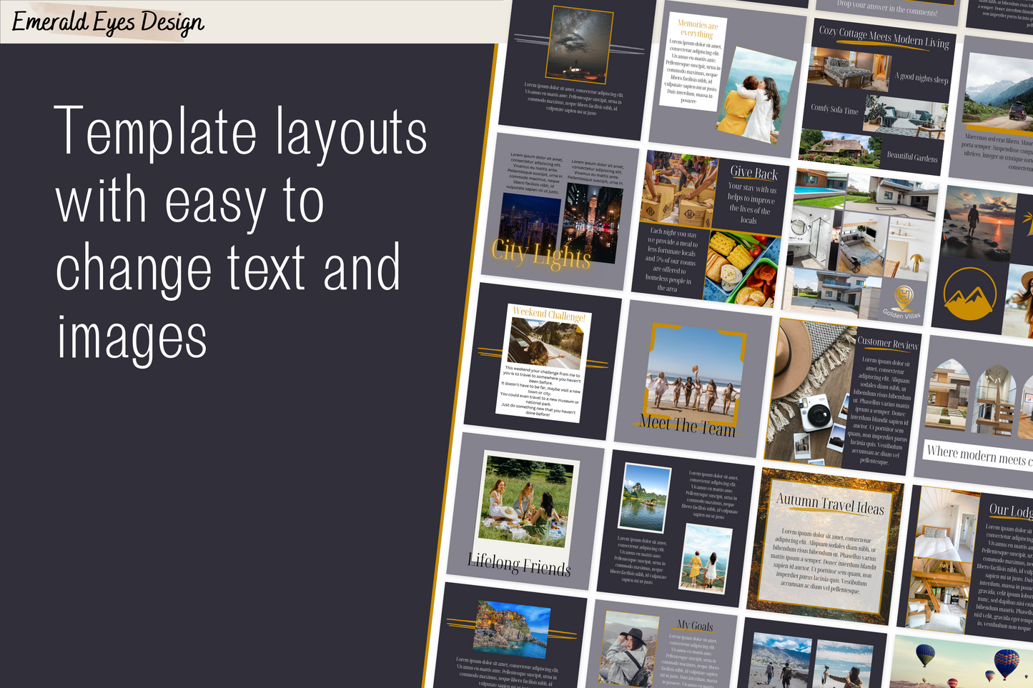 390 Canva Grey and Gold Travel Themed Instagram Feed & Stories Templates