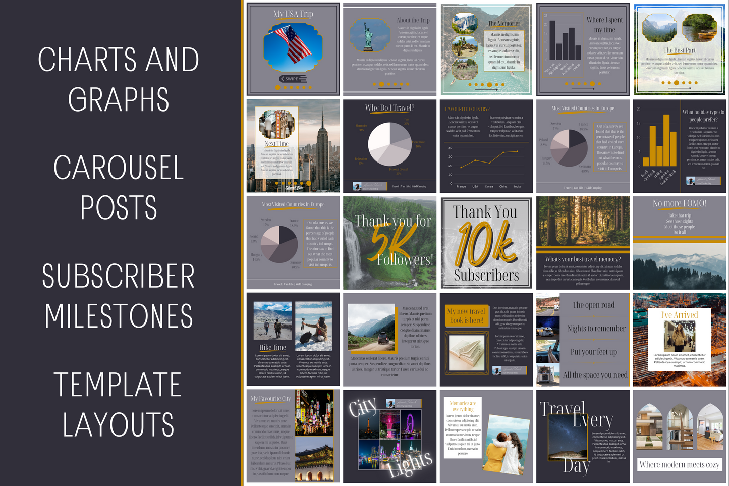 390 Canva Grey and Gold Travel Themed Instagram Feed & Stories Templates