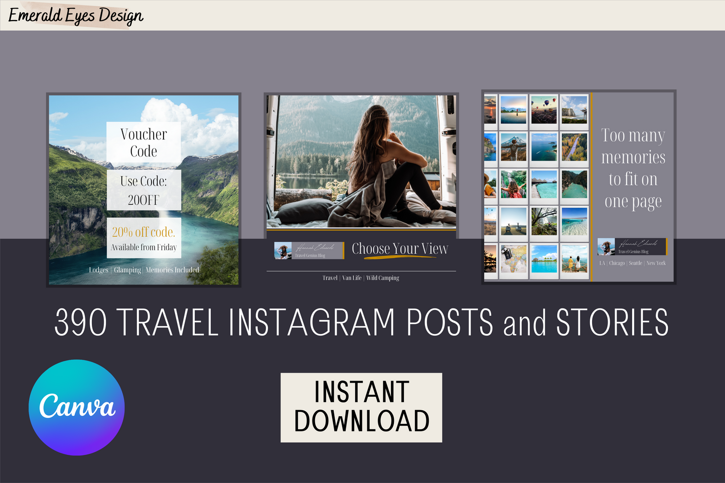 390 Canva Grey and Gold Travel Themed Instagram Feed & Stories Templates